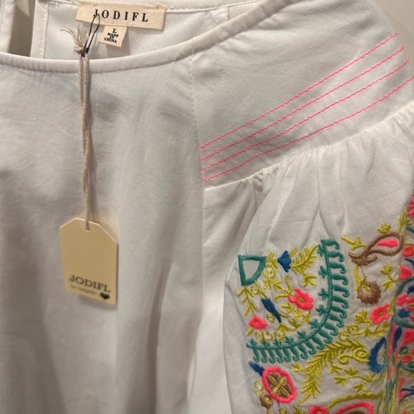 Jodifl white embroidered puff sleeve blouse top NWT large colorful festive - Picture 4 of 6